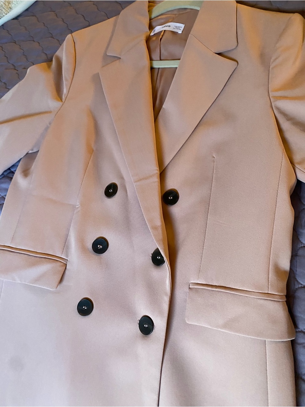Mango Double-Breasted Blazer in Light Beige with Black Buttons